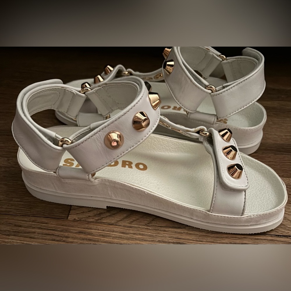 NIB Sandro Elympia Embellished Studded Leather Sandals Ecru White EU 36 Designer - Picture 8 of 13